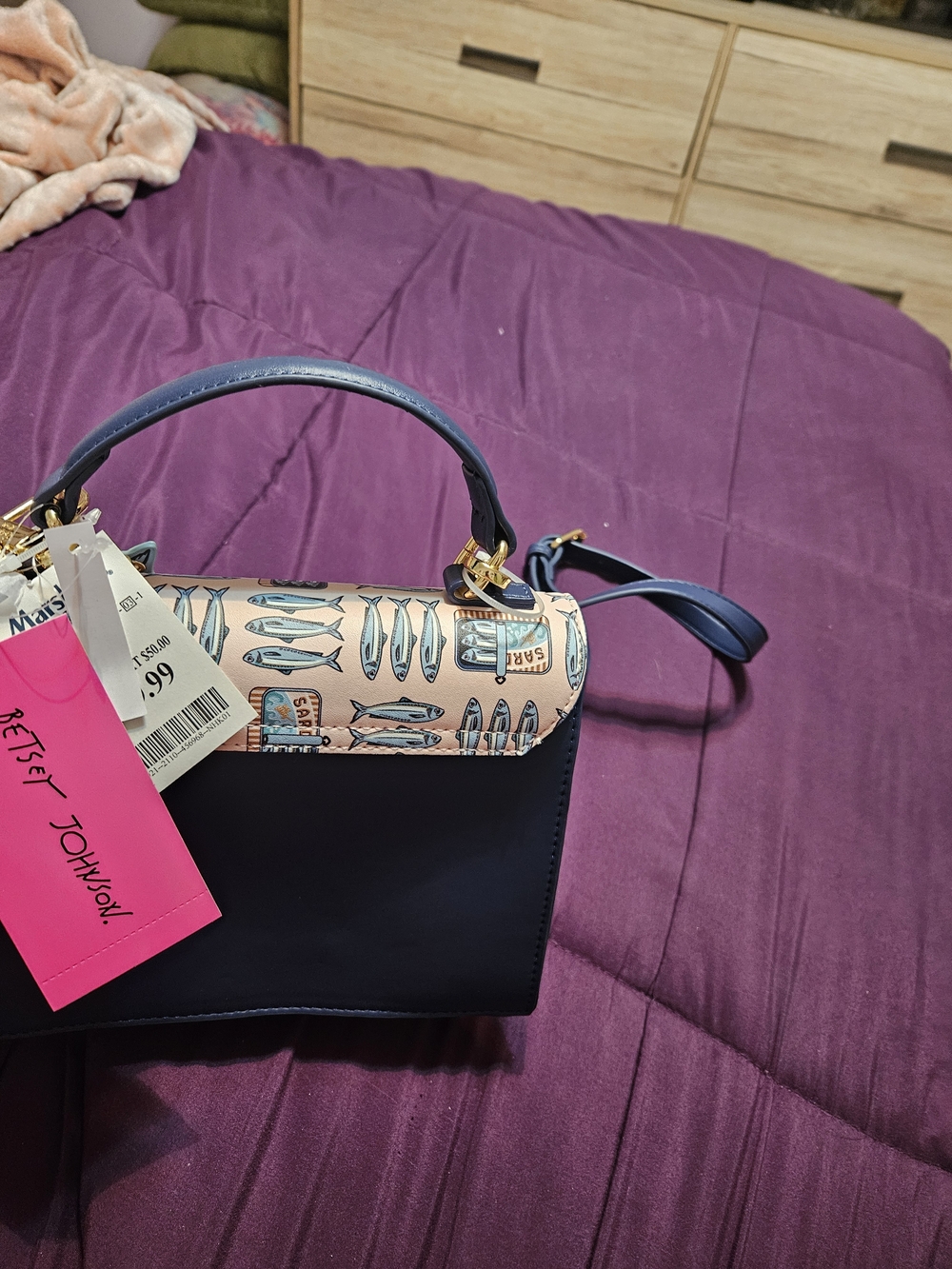 Betsey Johnson Navy and Peach Fish-Print Mini Satchel - Picture 2 of 4